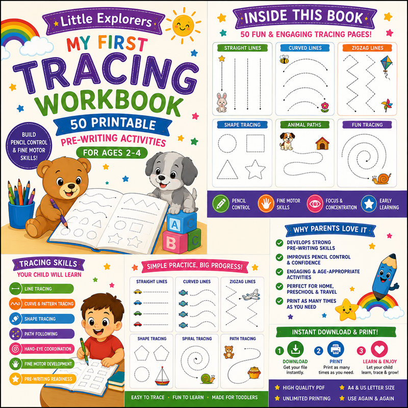 My First Tracing Workbook | 50 Printable Pre-Writing Activities for Ages 2–4